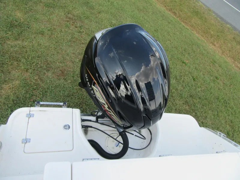 Slide: The Image of 2024 Robalo R230 Center Console boat engine, glossy black finish, on grassy background. - 18