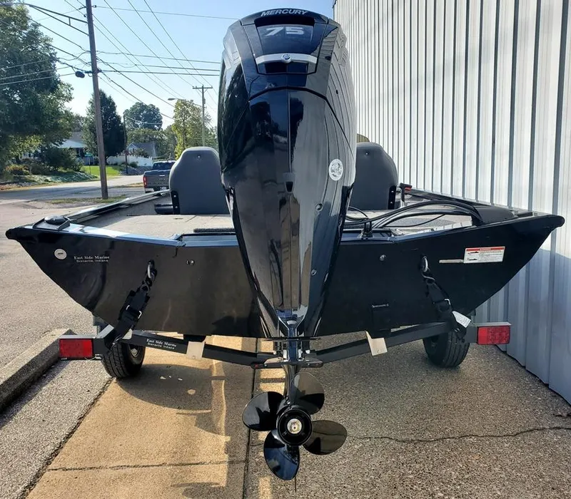 Slide: The Image of 2024 Lowe Stinger 175 boat with Mercury 75 outboard motor, rear view. - 10