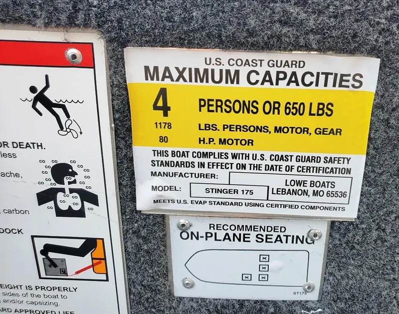 Slide: The Image of 2024 Lowe Stinger 175 boat capacity label: 4 persons or 650 lbs, 80 HP motor. - 14