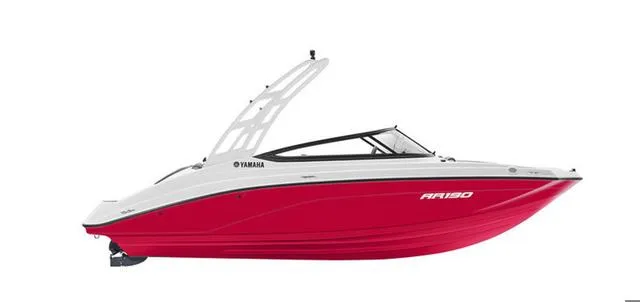 Slide: The Image of 2024 Yamaha Boats AR190, red and white design, side view. - 2