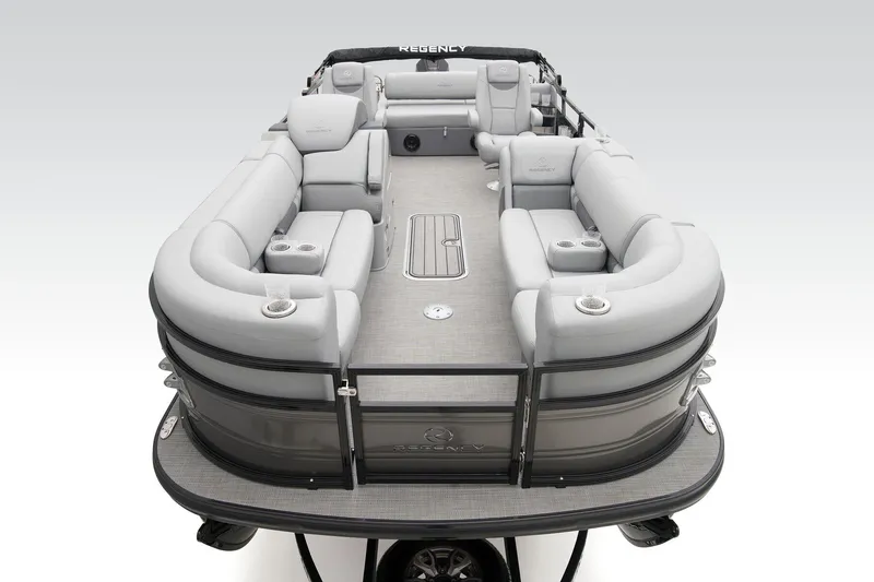 Slide: The Image of 2024 Regency 230 LE3 Sport pontoon boat with spacious seating and modern design. - 19