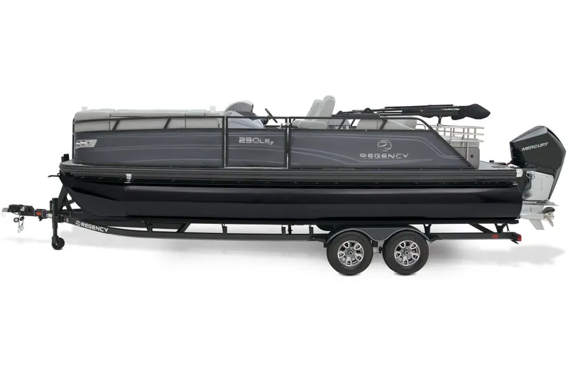 Slide: The Image of 2024 Regency 230 LE3 Sport pontoon boat on trailer, side view. - 9