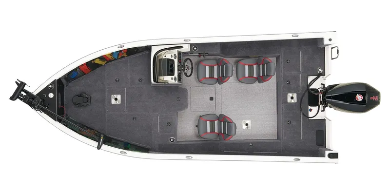 Slide: The Image of 2024 Ranger VS1882SC Angler boat interior, top view, featuring seating and control console. - 10