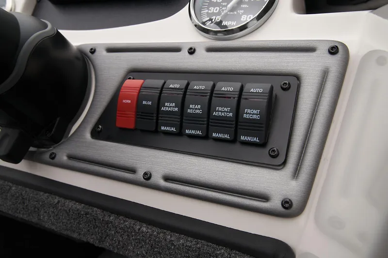 Slide: The Image of 2024 Ranger VS1882SC Angler control panel with switches and speedometer. - 45