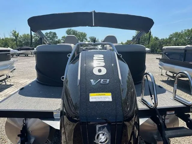 Slide: The Image of 2024 Barletta C24QC pontoon boat with 250 V8 engine, rear view. - 10