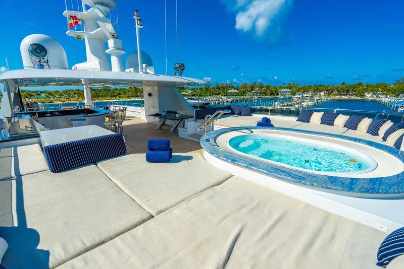 Slide: The Image of Luxurious 2008 Christensen Tri-Deck Motor Yacht with sun deck and jacuzzi under clear blue skies. - 37