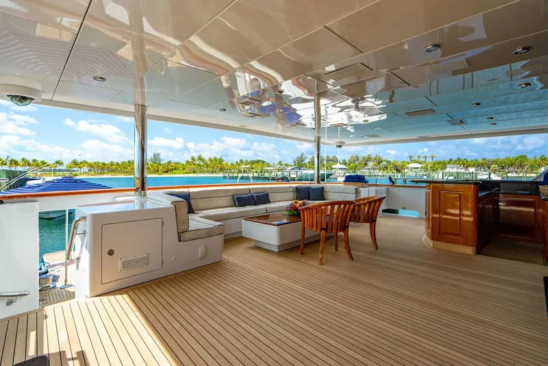 Slide: The Image of Luxurious 2008 Christensen Tri-Deck Motor Yacht with spacious outdoor seating and ocean view. - 46