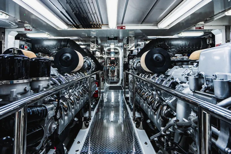 Slide: The Image of Engine room of 2008 Christensen Tri-Deck Motor Yacht, showcasing powerful machinery and sleek design. - 49