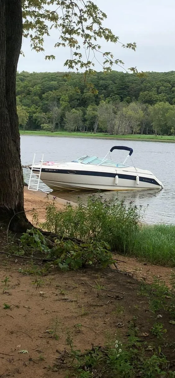 Slide: The Image of 1997 Regal Ventura 8.3 SC boat docked by a serene lakeside with lush greenery. - 2