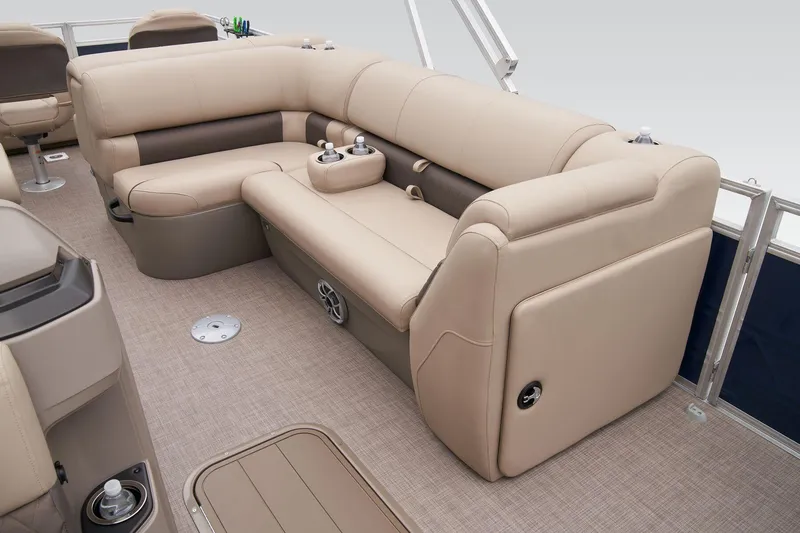 Slide: The Image of 2024 Sun Tracker Fishin' Barge 22 XP3 interior seating area with beige upholstery. - 43