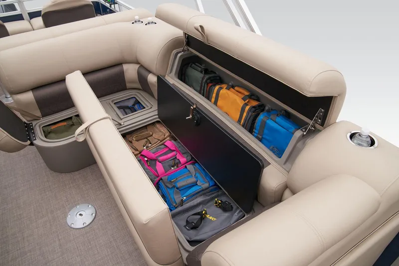 Slide: The Image of 2024 Sun Tracker Fishin' Barge 22 XP3 storage compartments with fishing gear. - 48