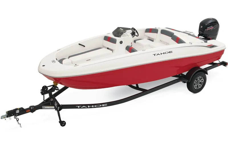 The Image of 2024 Tahoe T18 boat with red hull on trailer, featuring sleek design and modern seating. - 1