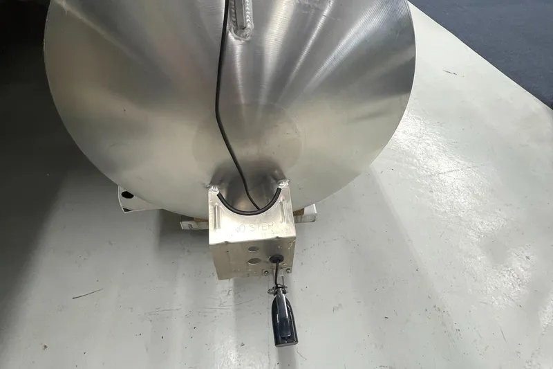 Slide: The Image of Close-up of the 2023 Berkshire 22 RFX CTS pontoon boat's aluminum hull. - 12