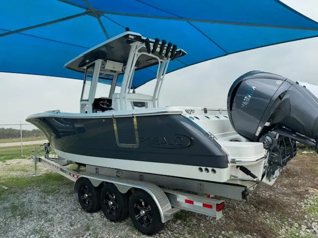 Slide: The Image of 2024 Robalo 270 CC boat on trailer under blue canopy. - 5