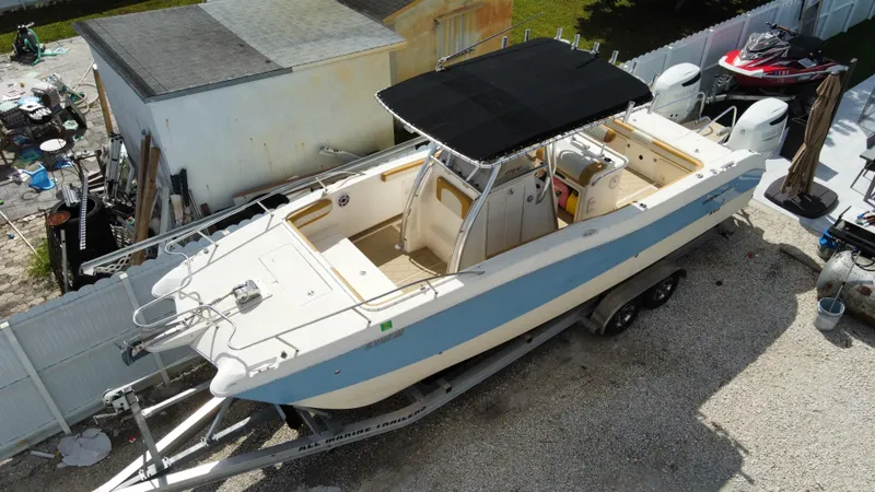 Slide: The Image of 2004 World Cat 270 SF boat on trailer, aerial view. - 3