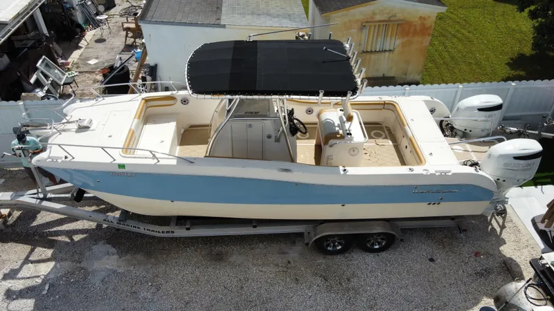 Slide: The Image of 2004 World Cat 270 SF boat on trailer, top view. - 4
