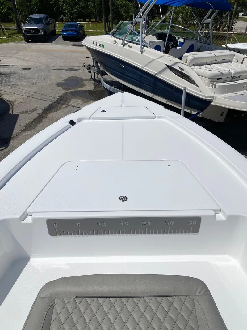 Slide: The Image of 2024 Savannah 220 IS boat with white deck and gray seating. - 6