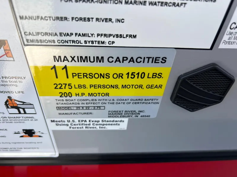 Slide: The Image of 2023 South Bay 22F 200 Series boat capacity label: 11 persons or 1510 lbs, 200 HP motor. - 10