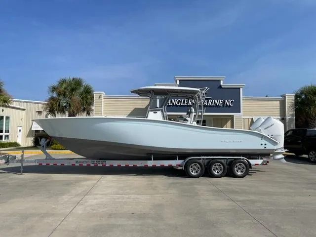 Slide: The Image of 2024 Cape Horn 31T boat on a trailer at Angler's Marine NC. - 1