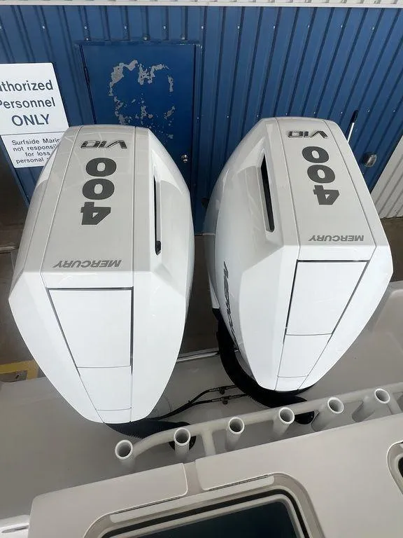 Slide: The Image of 2024 Fountain 34 TE with twin Mercury 400 V10 outboard engines. - 2