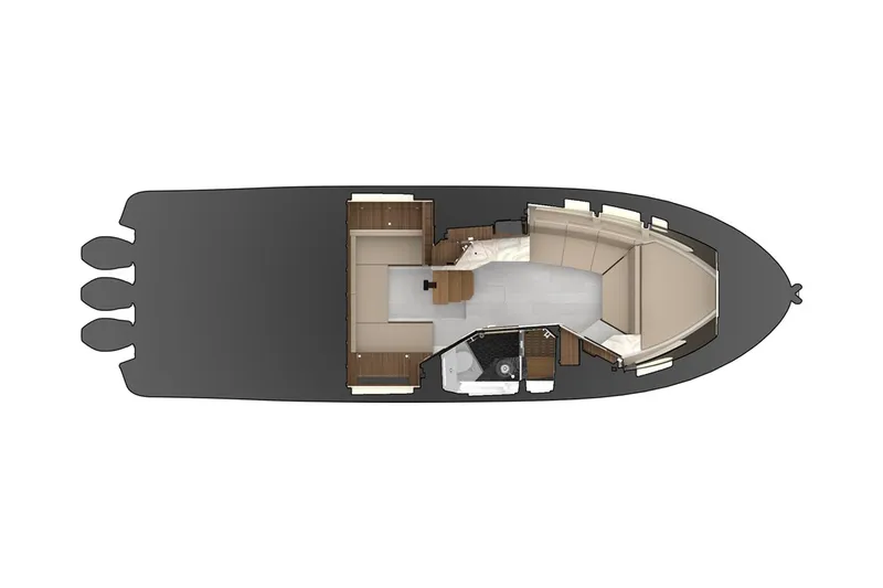 Slide: The Image of 2025 Sea Ray Sundancer 370 OB with blue underwater lights at night. - 21