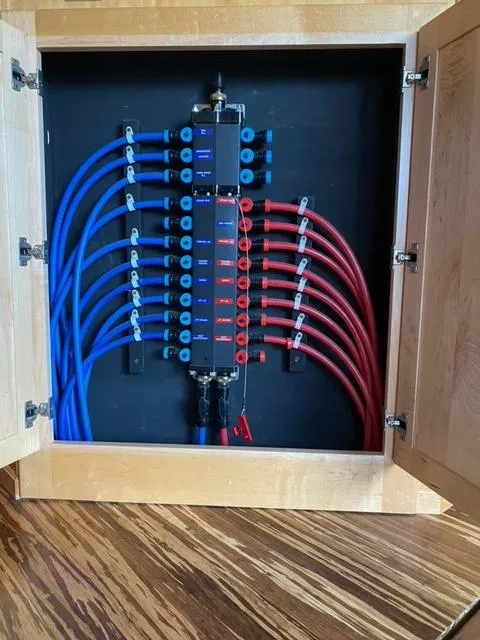 Slide: The Image of Electrical panel with blue and red wiring inside a 2006 Sumerset Houseboat. - 19