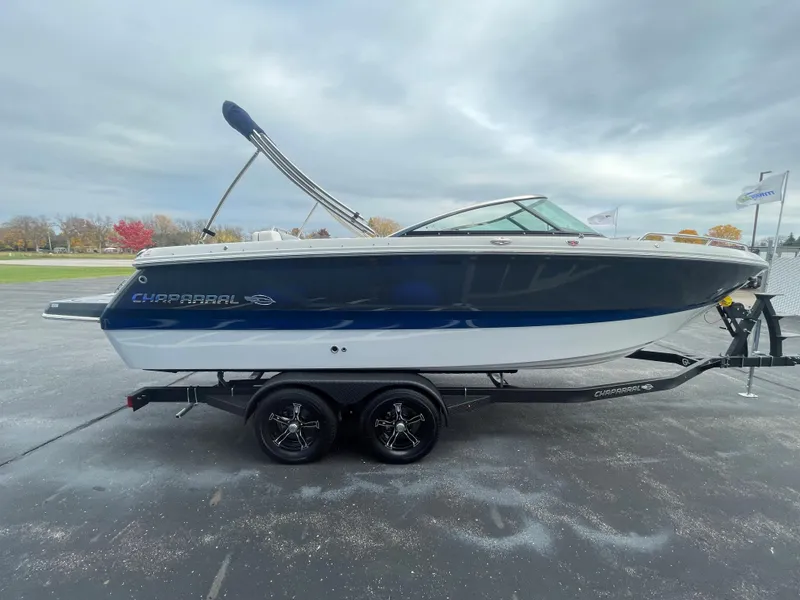 Slide: The Image of 2024 Chaparral 247 SSX boat on a trailer, side view. - 5