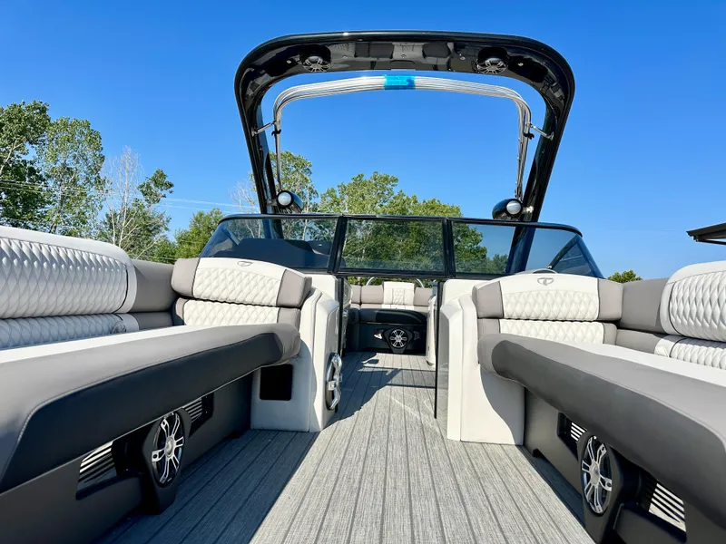 Slide: The Image of 2023 Tahoe Pontoon 27FT Grand Tahoe LTD Elite interior with luxurious seating and modern design. - 4