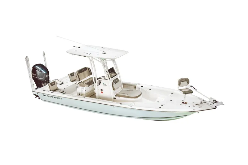 Slide: The Image of 2024 Key West 250 Bay Reef boat with center console and outboard motor. - 12