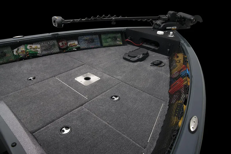 Slide: The Image of 2024 Ranger VS1782SC Angler boat deck with storage compartments and trolling motor. - 15