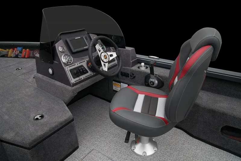Slide: The Image of 2024 Ranger VS1782SC Angler boat cockpit with steering wheel and captain's chair. - 32