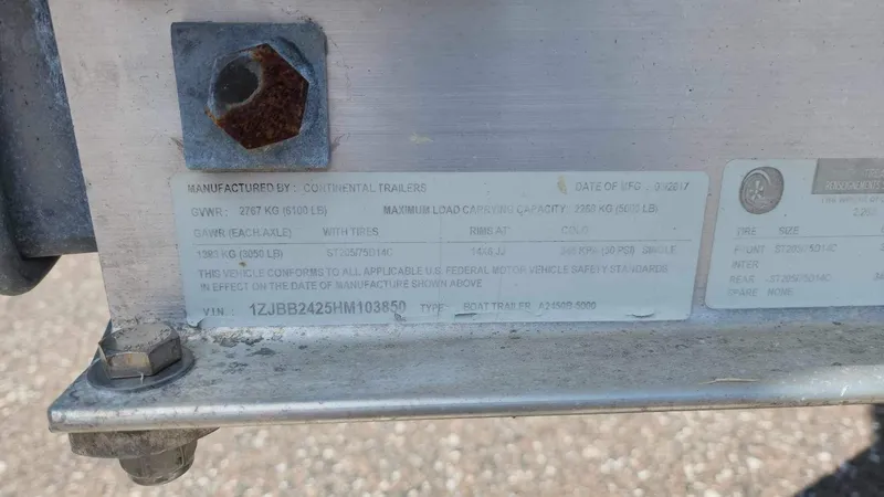 Slide: The Image of 2017 Sea Chaser 24 HFC trailer identification plate with specifications and serial number. - 12