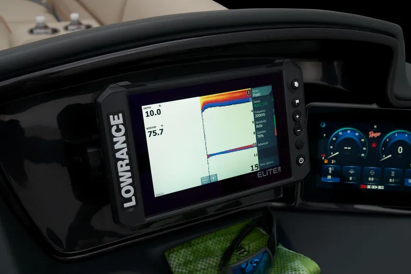 Slide: The Image of Lowrance Elite fishfinder on 2024 Ranger Reata 220FC boat dashboard. - 32