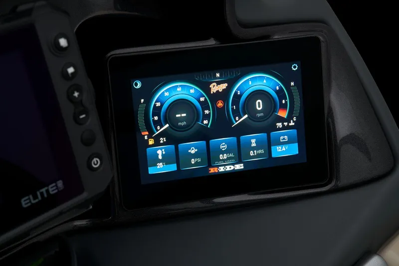 Slide: The Image of 2024 Ranger Reata 220FC digital dashboard display showing speed, RPM, and various boat metrics. - 38
