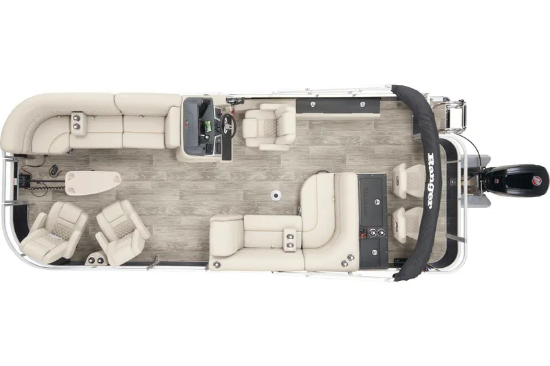 Slide: The Image of 2024 Ranger Reata 220FC pontoon boat interior layout with beige seating and wood flooring. - 8