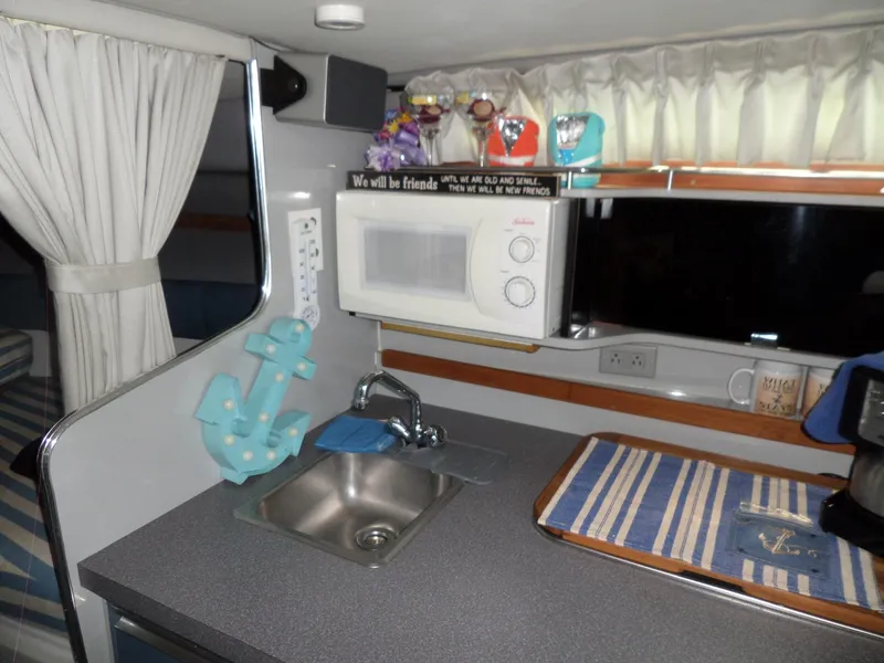 Slide: The Image of 1986 Wellcraft Monte Carlo 2800 boat interior kitchen with sink, microwave, and decor. - 38