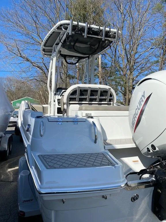 Slide: The Image of 2021 Finseeker 206 CC boat with Mercury engine, rear view. - 3