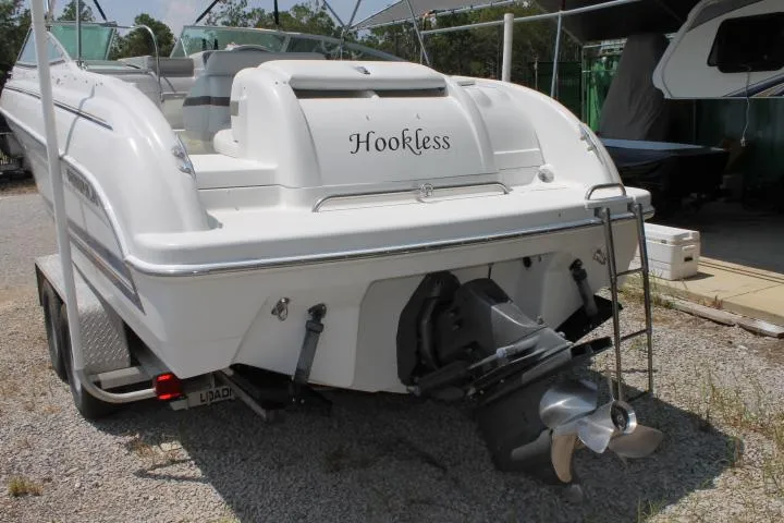 Slide: The Image of 2001 Formula 260 Sun Sport boat on trailer, rear view with "Hookless" name. - 3