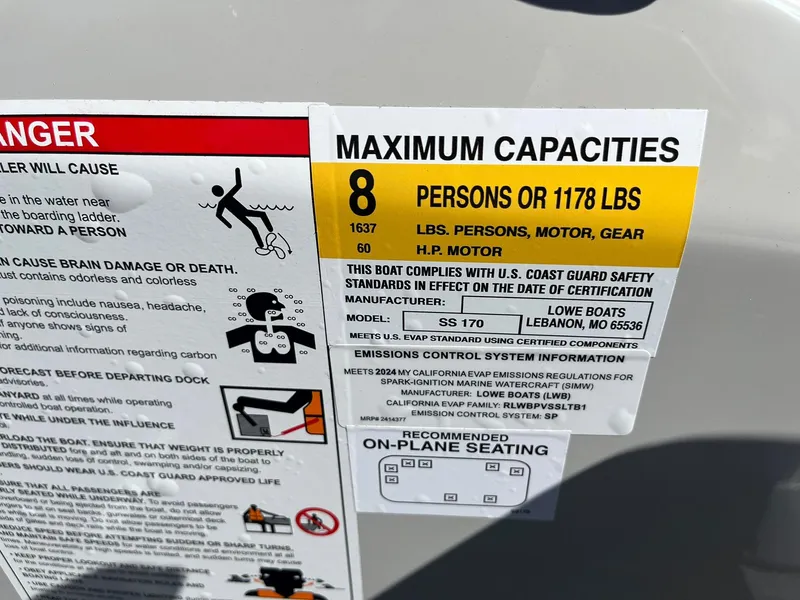 Slide: The Image of 2024 Lowe SS 170 boat capacity label, max 8 persons or 1178 lbs, safety warnings. - 17