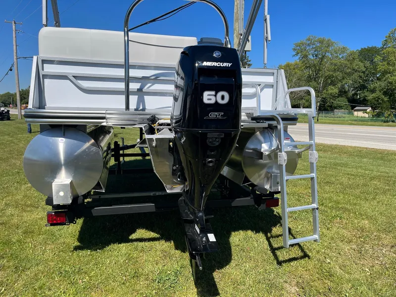 Slide: The Image of 2024 Lowe SS 170 pontoon boat with Mercury 60 HP outboard motor. - 4