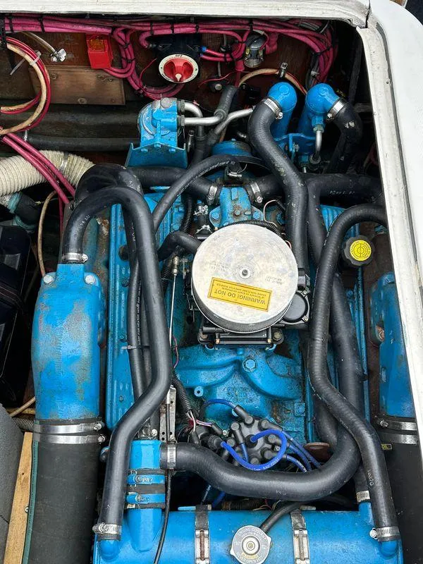 Slide: The Image of 1983 Bertram 28 boat engine with blue components and black hoses. - 33