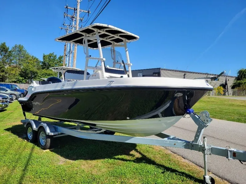 Slide: The Image of 2024 Bayliner Trophy 20 boat on trailer, parked on grass. - 3