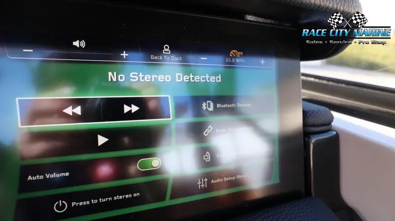 Slide: The Image of Close-up of 2024 Nautique GS24 touchscreen display showing No Stereo Detected message. - 5