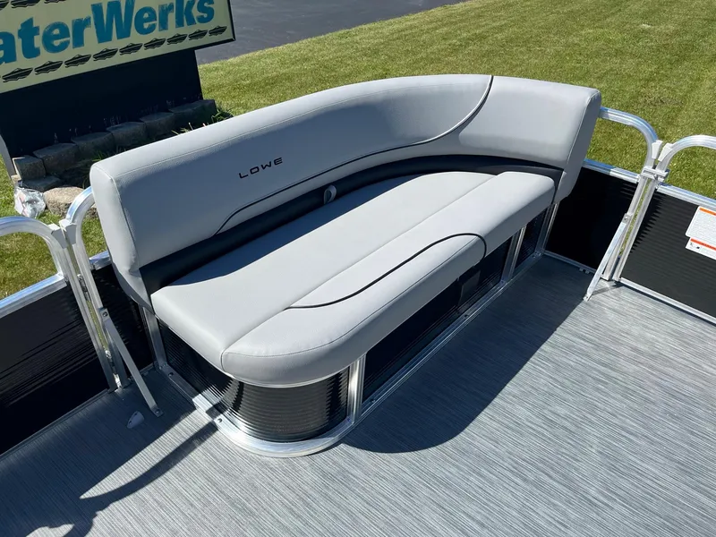 Slide: The Image of 2024 Lowe Ultra 160 Cruise pontoon boat with gray seating. - 13