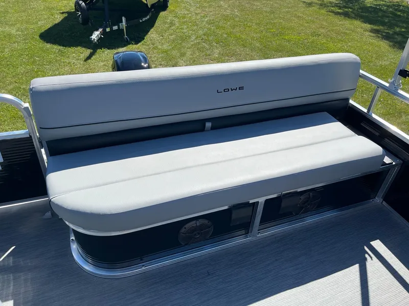 Slide: The Image of 2024 Lowe Ultra 160 Cruise pontoon boat bench seat in gray. - 16