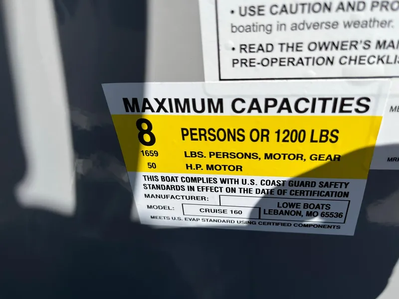 Slide: The Image of 2024 Lowe Ultra 160 Cruise boat capacity label, 8 persons or 1200 lbs, 50 HP motor. - 19