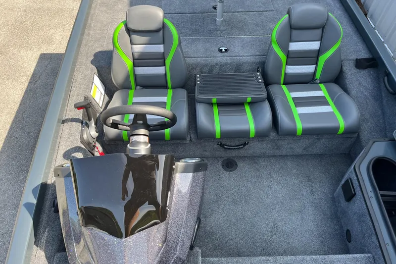 Slide: The Image of 2024 Ranger RT178 boat interior with gray and green seats. - 8