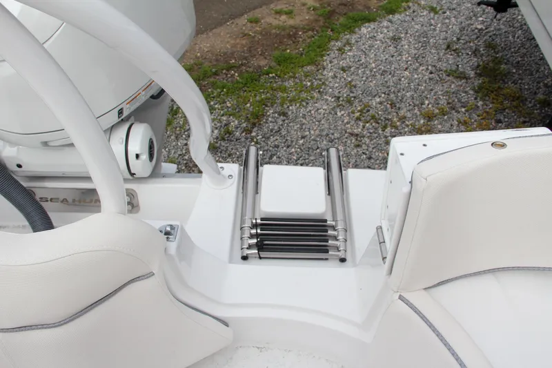 Slide: The Image of 2024 Sea Hunt Ultra 239 SE boat with folded stainless steel ladder. - 14