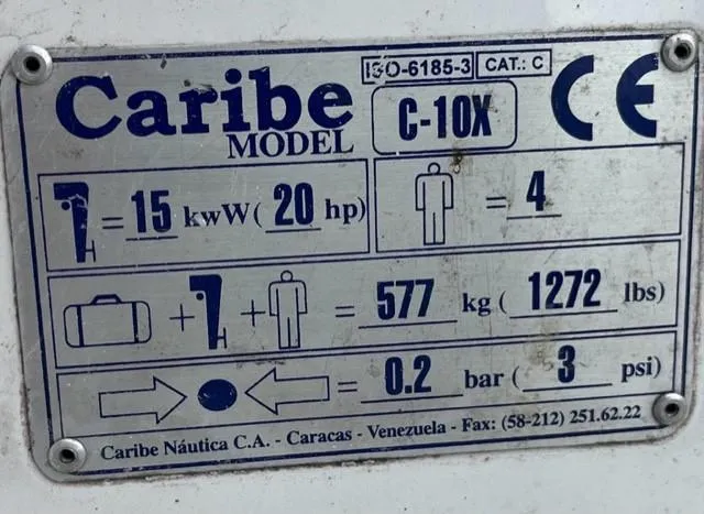 Slide: The Image of Caribe C-10X 2007 model specifications plate, 20 hp, 4-person capacity, 577 kg max load. - 4