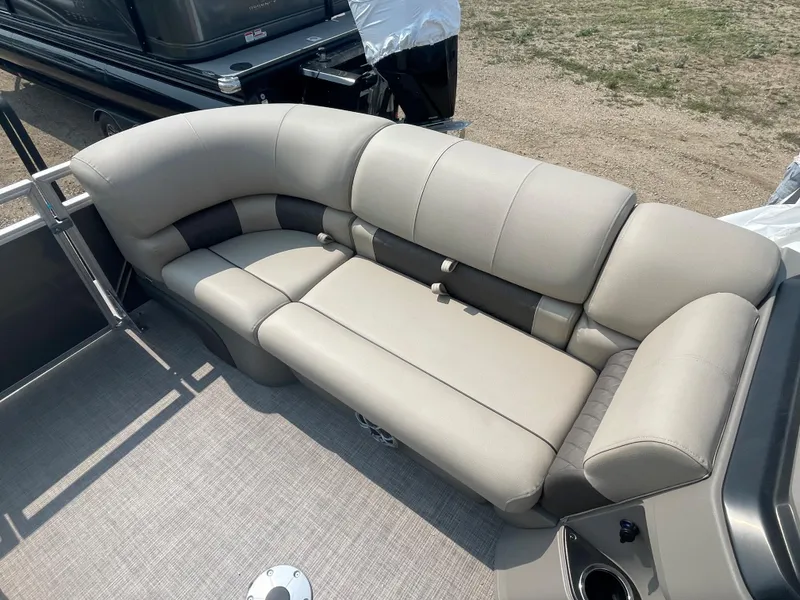 Slide: The Image of 2024 Sun Tracker Party Barge 22 RF XP3, beige cushioned seating area. - 4